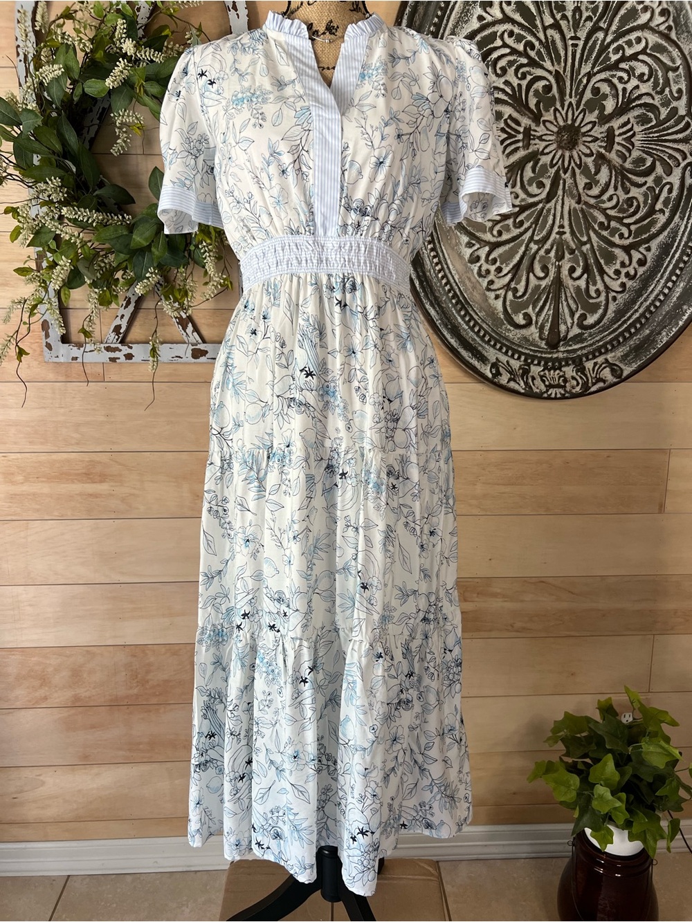 August Sky Women's White Floral Maxi Dress with Blue Accents